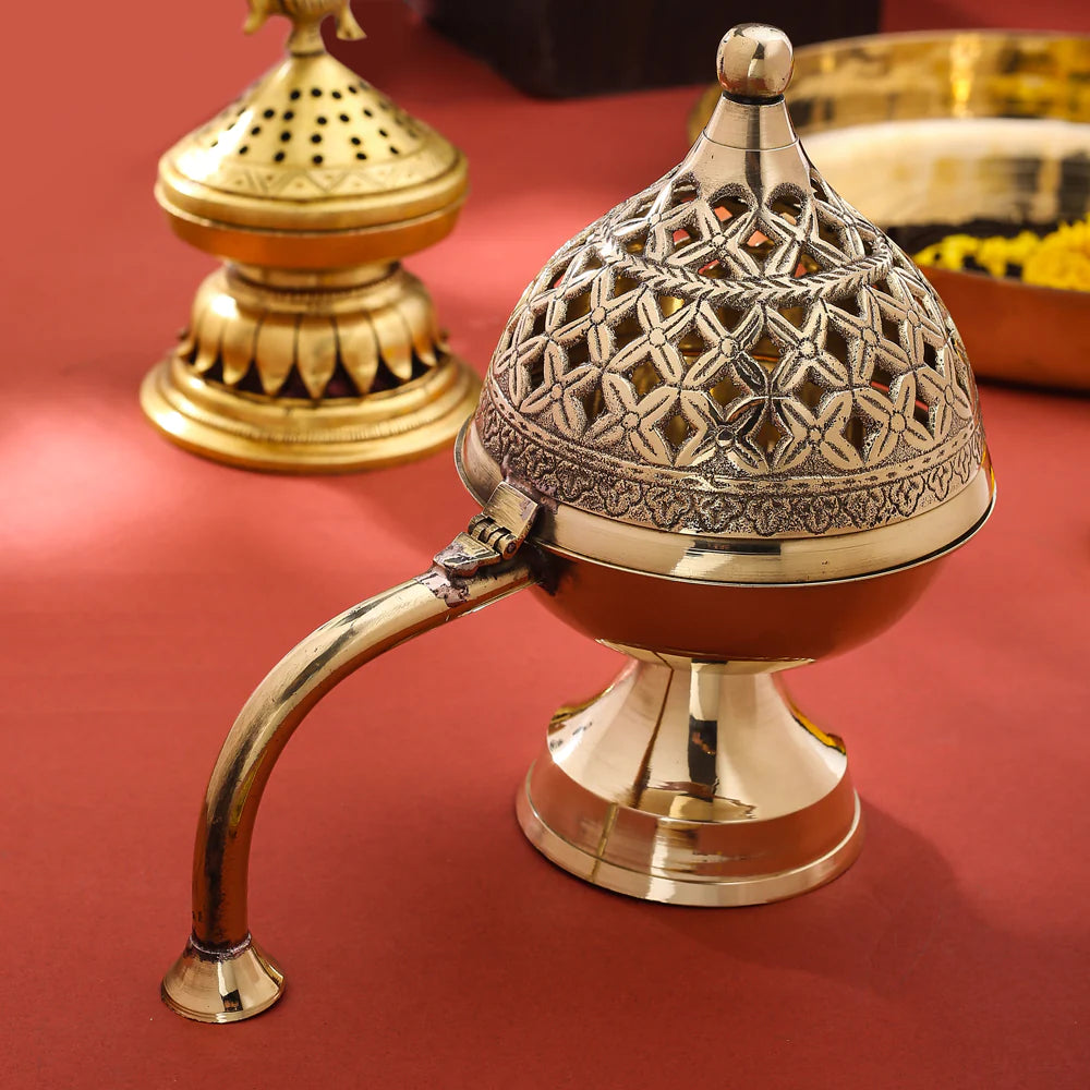 Brass Dhoop Dani & Incense Holder With Handle - Craft Nagri