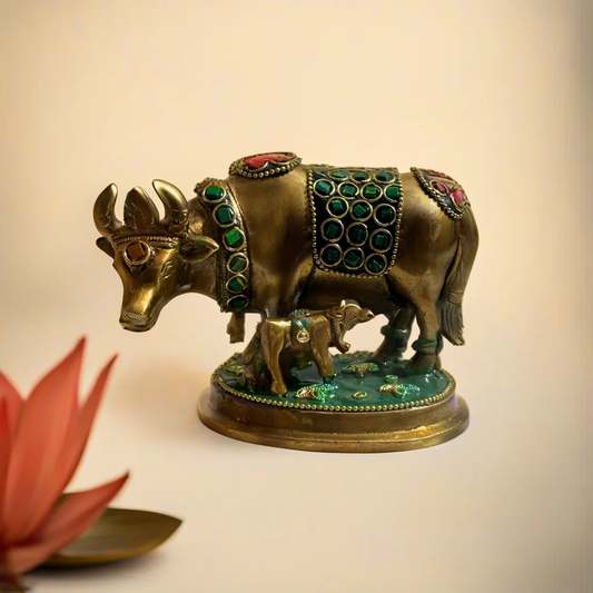 Antique Golden Kamdhenu with Calf Statue